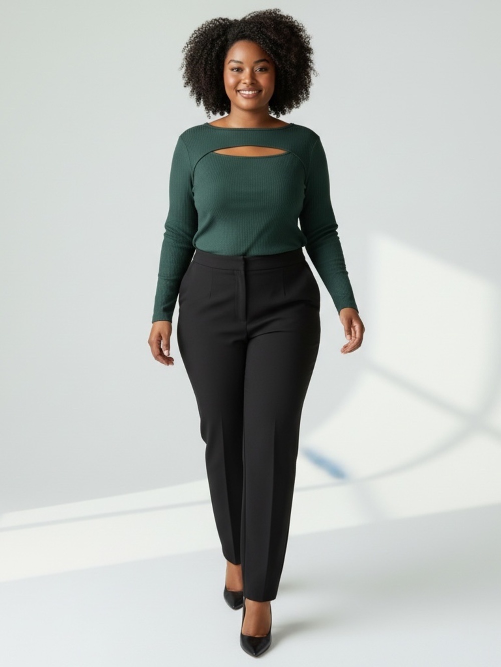 NWT Terra & Sky Plus 1X EmeraldGreen Cut-Out Rib Knit Top Long Sleeve Scoop Neck
